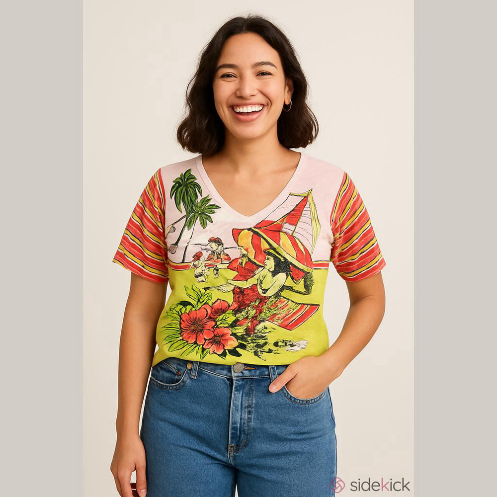 Dolce Cabo Women’s Large Beach Scene Printed And Beaded 90’s Shirt Stretchy
